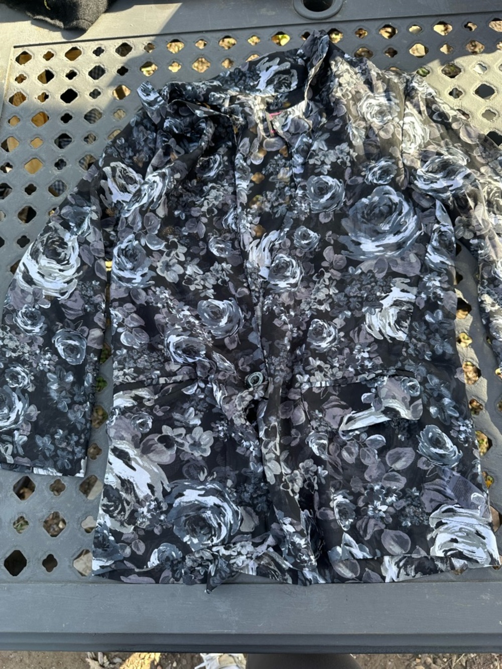 Material Girl Black Floral Sheer Blouse with Gray Bloom Print